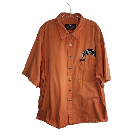 Harley Davidson Photographer Motorcycle Button Up Mechanics Shirt Orange Vtg 2XL - Picture 1 of 8